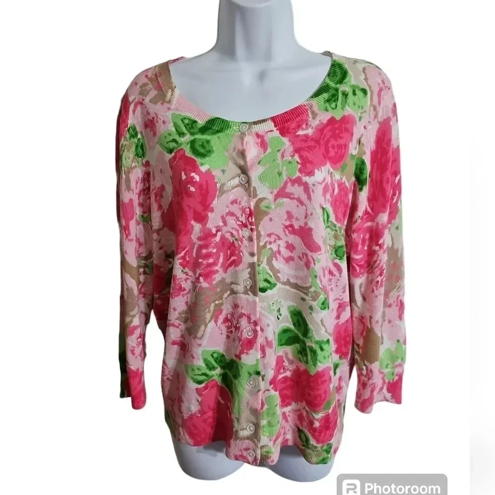 Talbots Women’s MP Cardigan Pink Green Floral Cotton Button Front Preppy Cottage - Picture 2 of 7